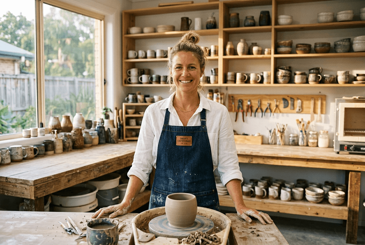 A confident local business owner working in their bright workshop